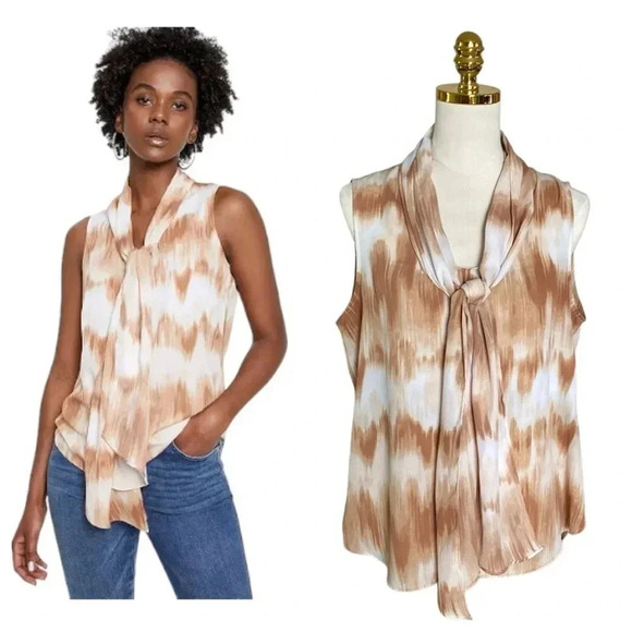 BAR III | Women’s Tie Dye Hazelnut Combo Print Bow Sleeveless Blouse Size L - Picture 5 of 10